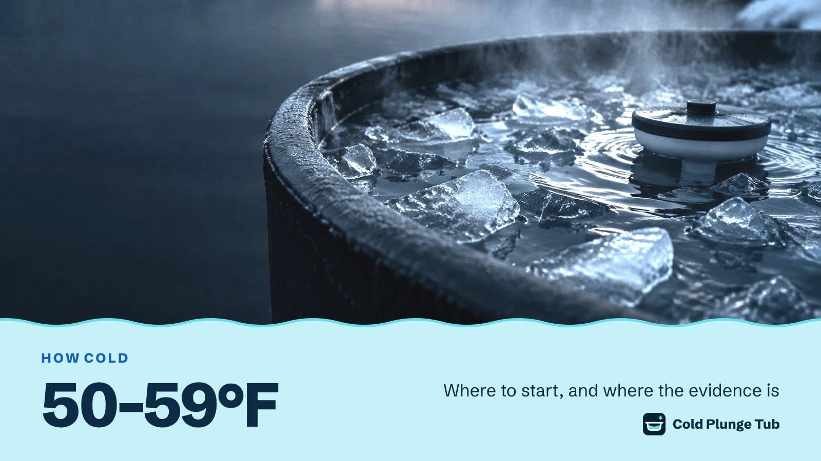 Illustration of a floating thermometer among ice in a dark tub, captioned 50 to 59°F