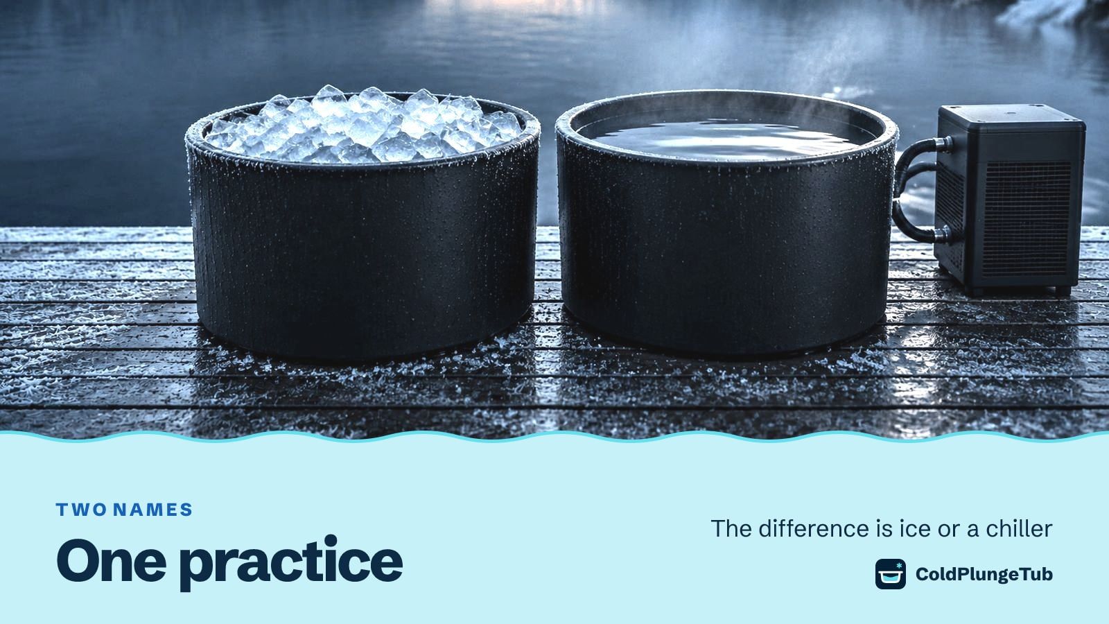 Illustration of two matching tubs on a frosted deck, one full of ice and one of clear water joined to a chiller, captioned 'One practice'