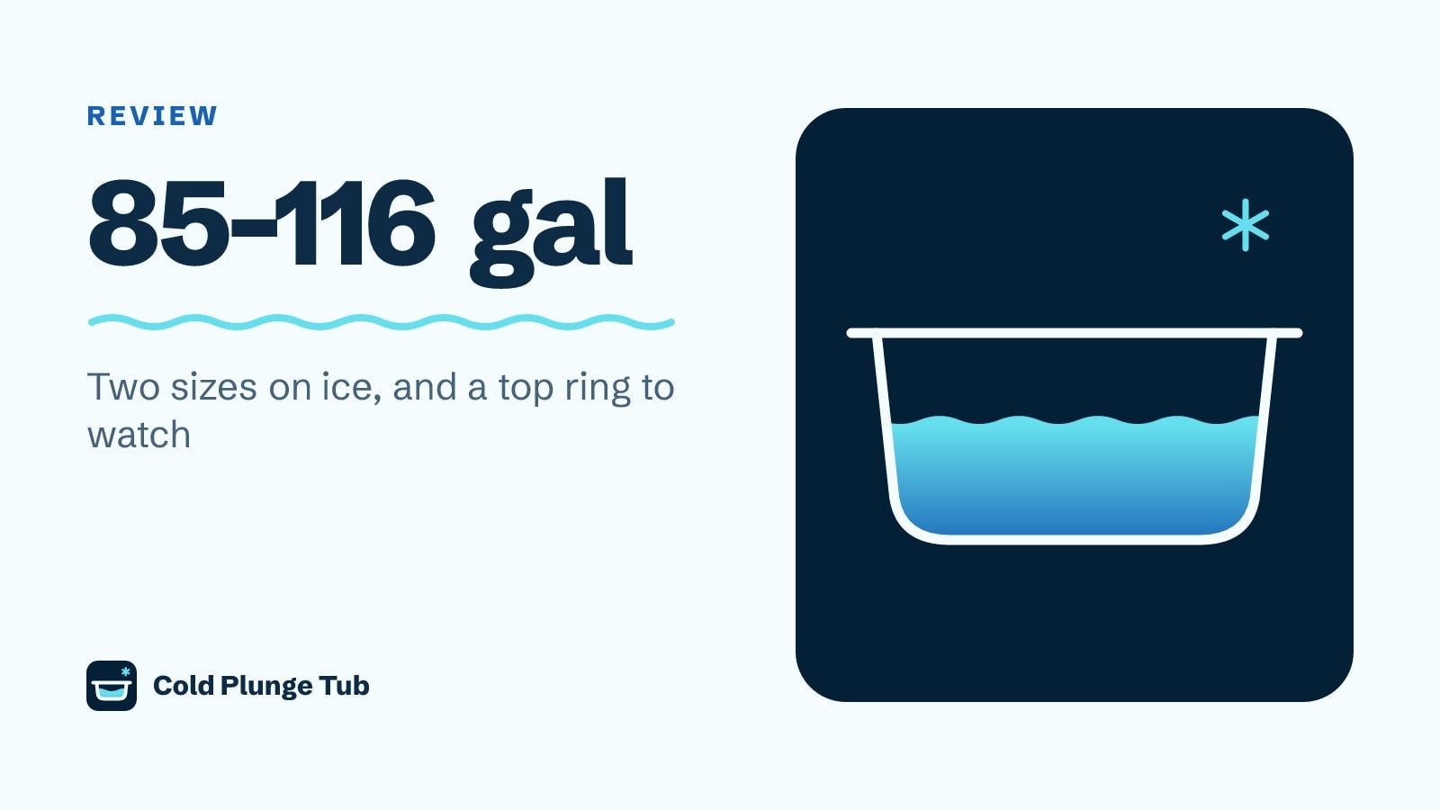 Line drawing of a tub of water, captioned '85–116 gal: two sizes on ice, and a top ring to watch'