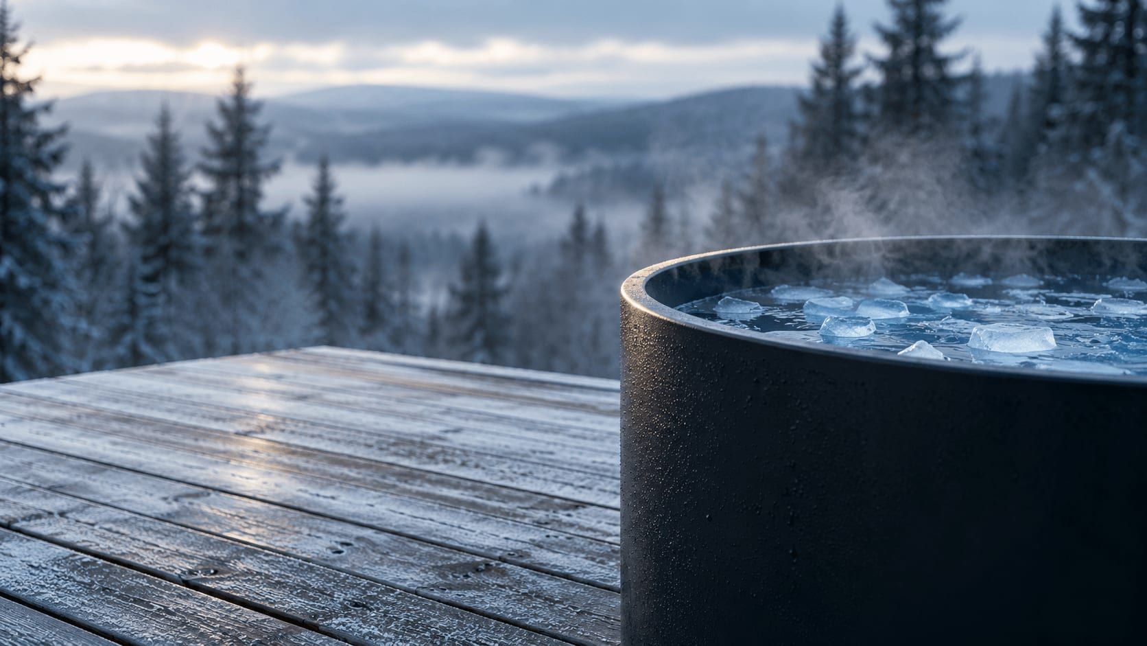 A plain black cold plunge tub with ice floating in it, on a frosted wooden deck above a misty forest at dawn