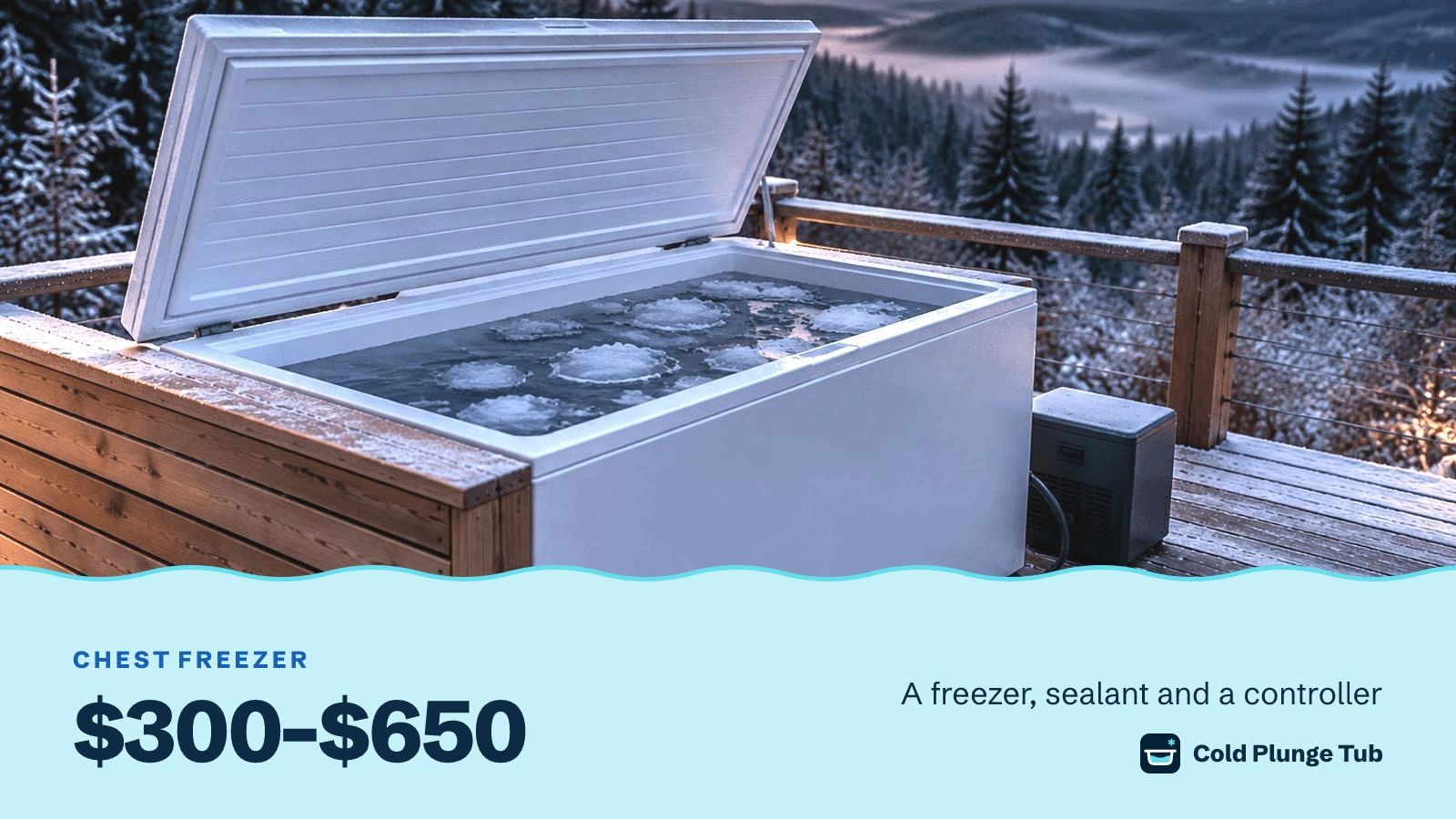 A white chest freezer with its lid open, full of water and ice, in a cedar surround on a frosted deck at dawn, captioned $300 to $650