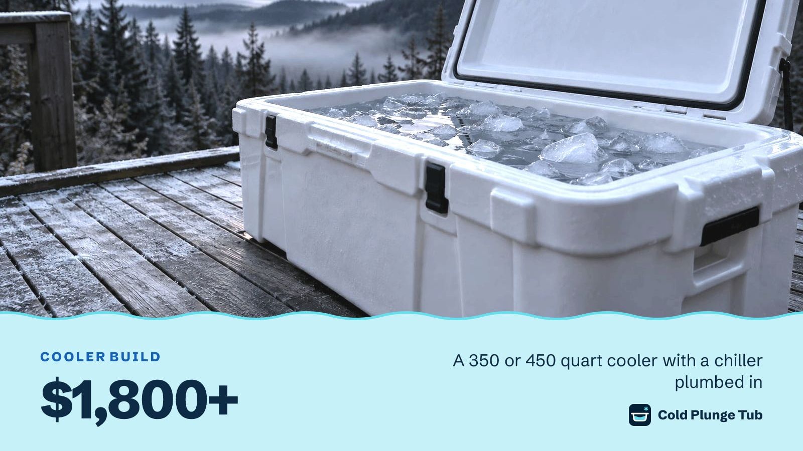 A large white hard cooler with its lid open, full of water and ice, on a frosted deck above a misty valley, captioned $1,800 and up