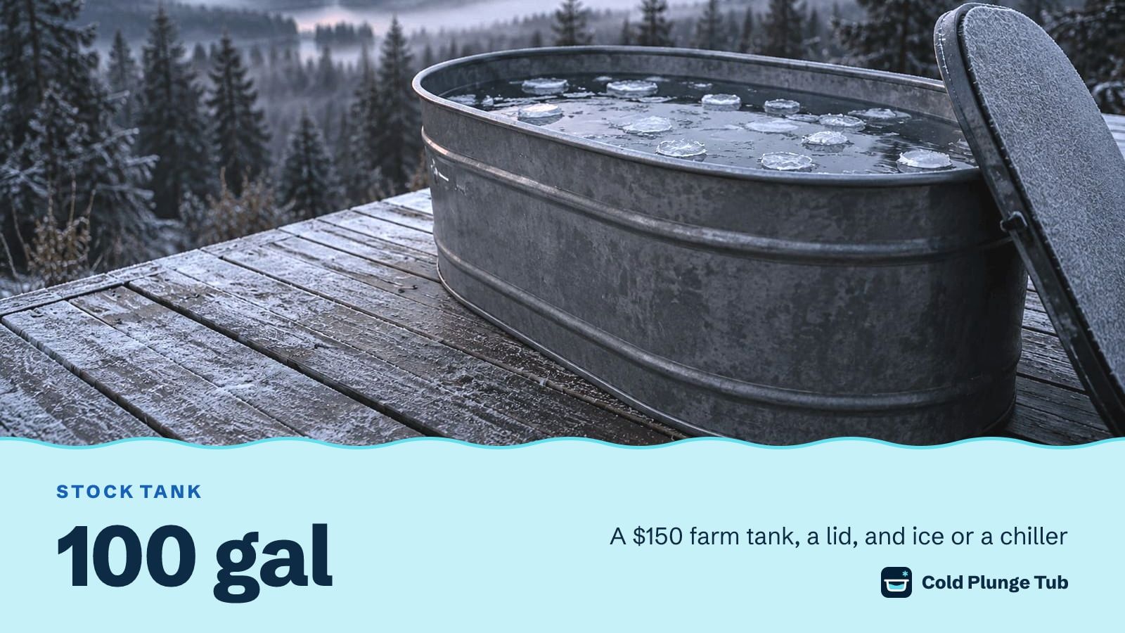 A grey oval stock tank full of water and ice on a frosted deck, its lid leaning against the side, captioned 100 gallons