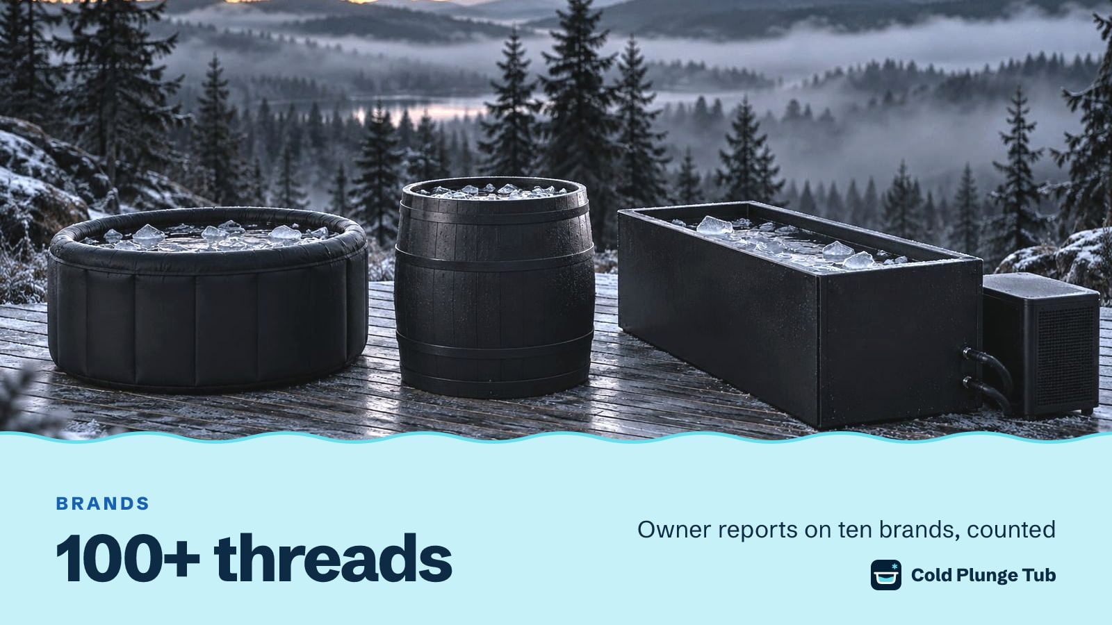 Three dark tubs of ice water on a frosted deck above a misty forest: a round soft tub, a barrel and a long tub joined to a chiller, captioned 100+ threads