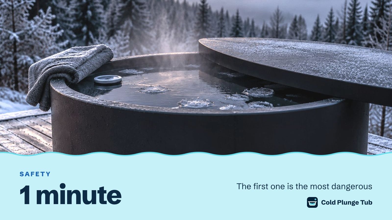 A dark round tub of water and ice at dawn with its lid half on, a towel and a floating thermometer on the rim, captioned 1 minute