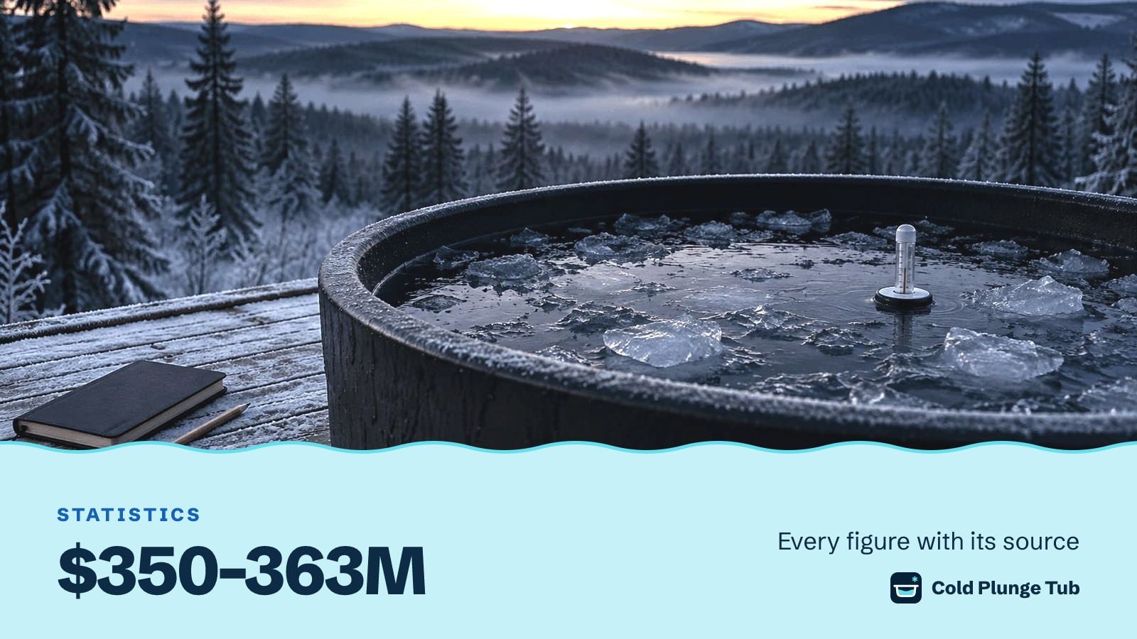 A dark round tub of ice water with a floating thermometer on a frosted deck at dawn, a notebook and pencil beside it, captioned $350–363M