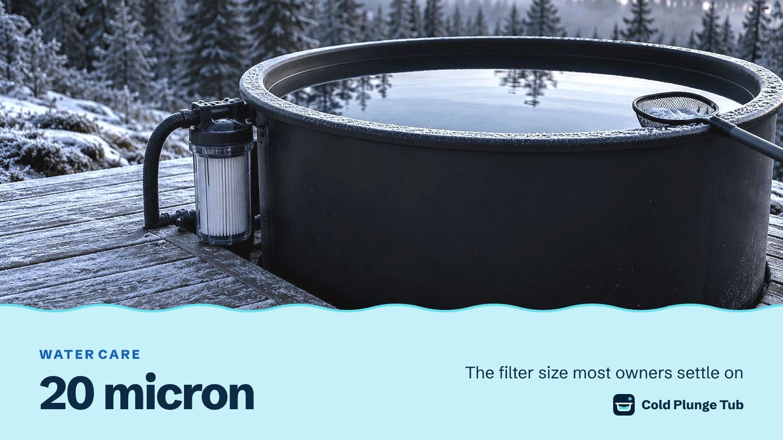 A black tub of clear water on a frosted deck with an inline filter housing beside it and a skimmer net on the rim, captioned 20 micron