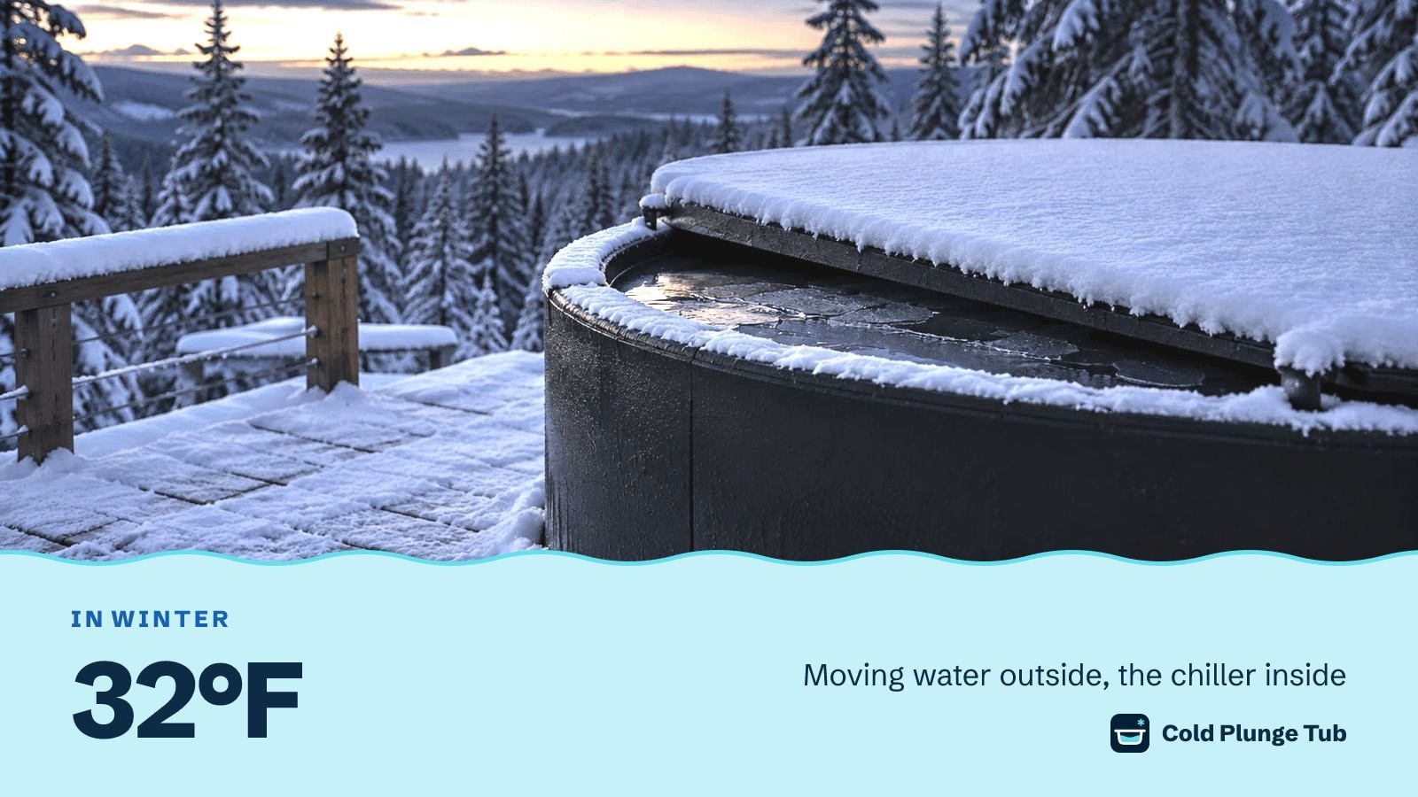 A black tub on a snow-covered deck with its snowy lid lifted to show ice on the water, captioned 32°F