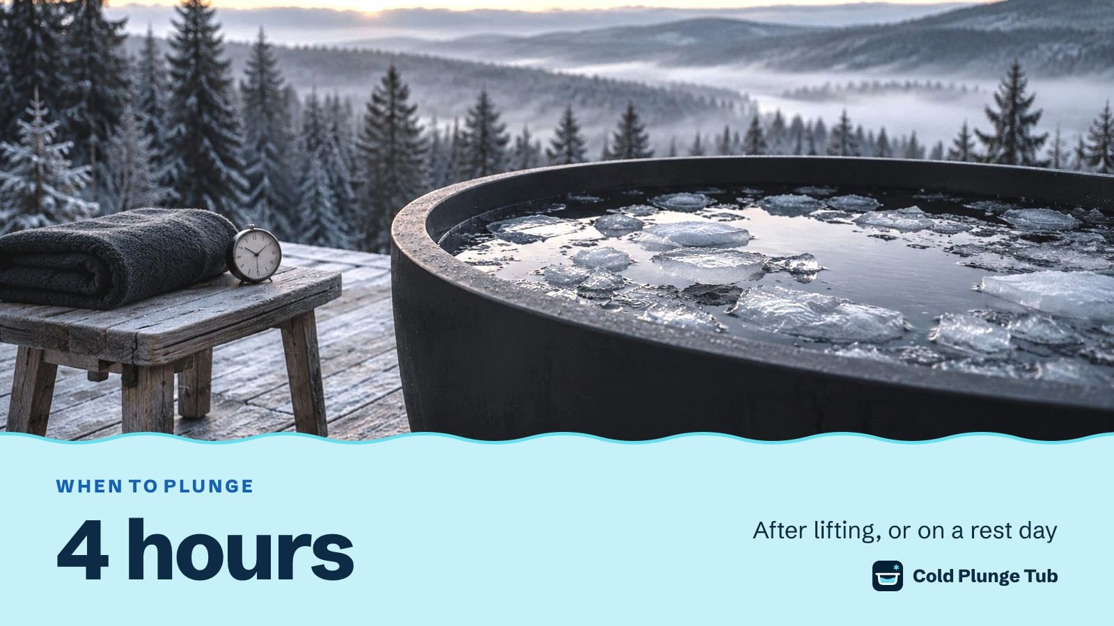 A black tub of water and ice on a frosted deck at first light, a towel and a small clock on a stool beside it, captioned 4 hours