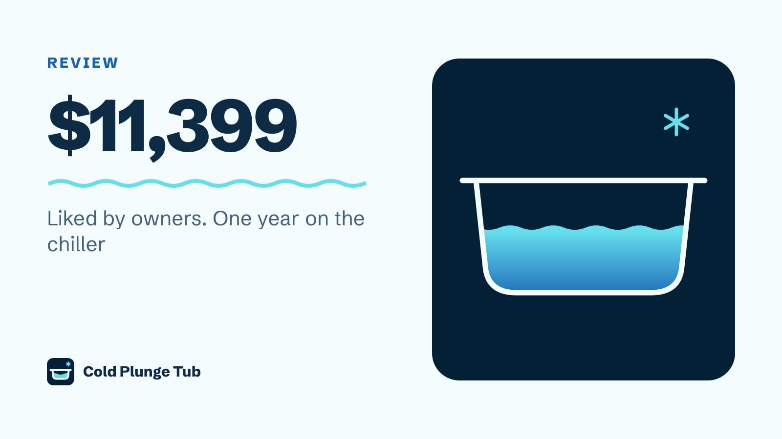 Line drawing of a tub of water, captioned '$11,399: liked by owners, one year on the chiller'
