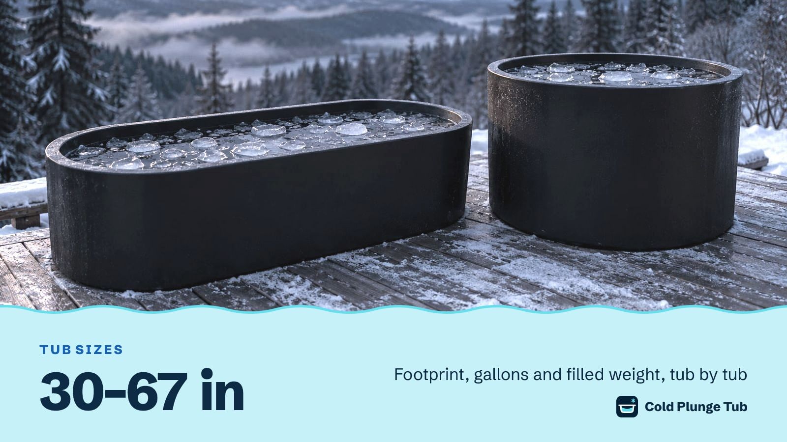 Two plain black tubs with ice on a frosted deck, one long and low, one round and upright, captioned 30 to 67 inches
